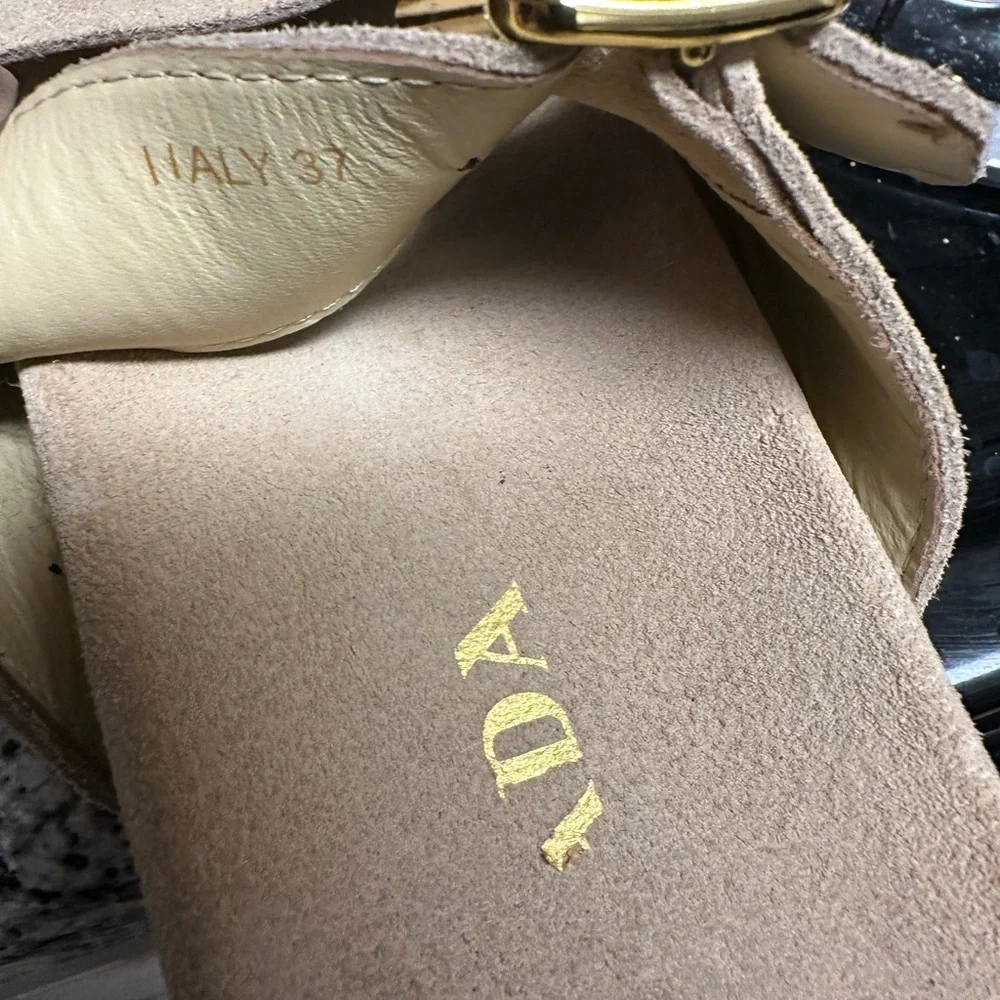 Prada Beige Suede Sandals with Gold Buckles, sz 37 pre-owned